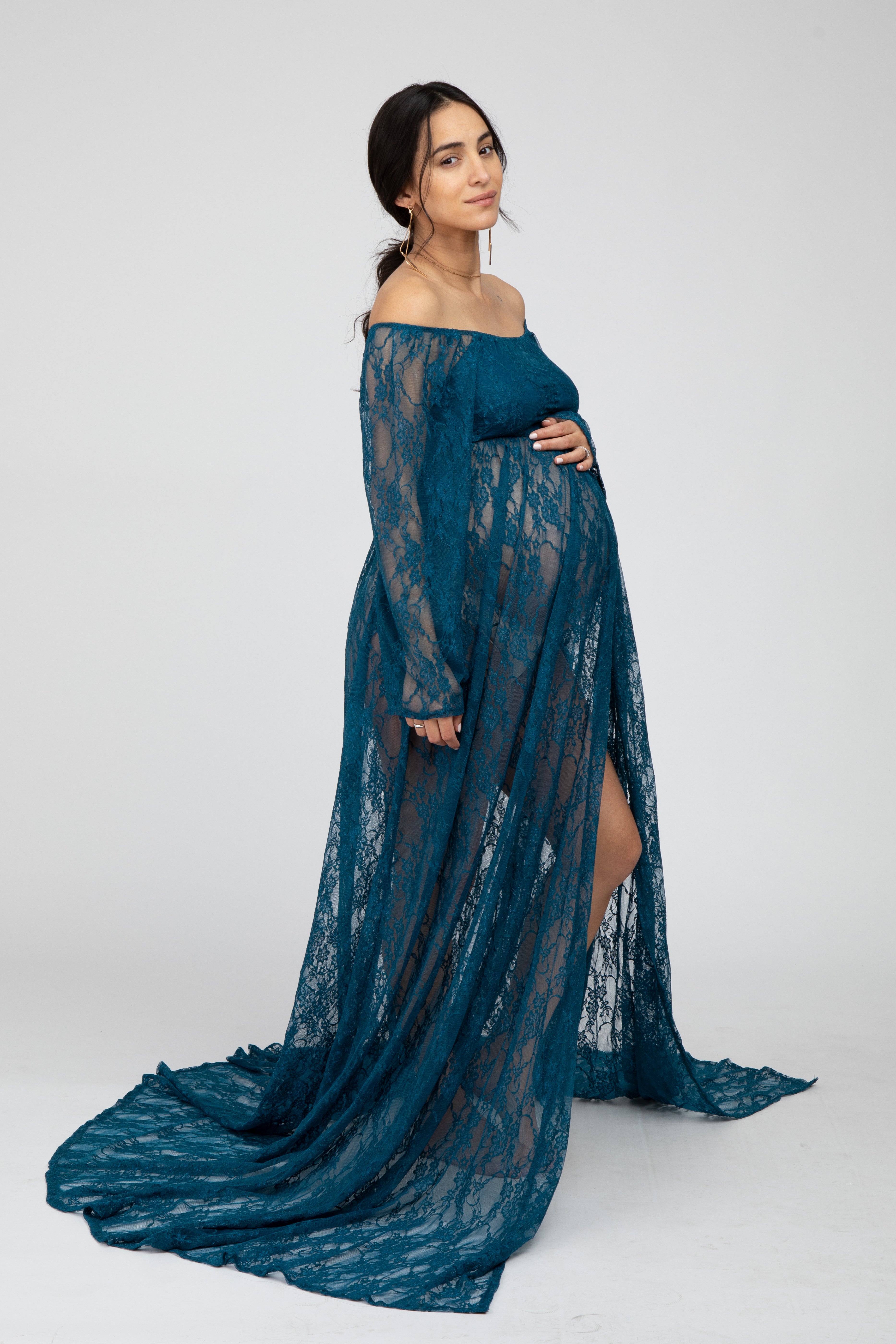 Pregnant Women Lace Up Long Sleeve Maternity Dress Ladies Maxi Gown  Photography Photo Shoot Clothing Clothes (Blue, M) at  Women's  Clothing store