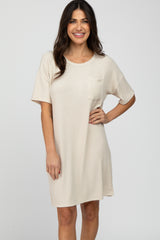 Beige Ribbed Front Pocket Dress