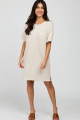 Beige Ribbed Front Pocket Dress