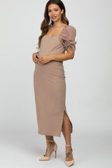 Mocha Ruched Sleeve Maternity Midi Dress