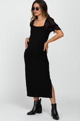 Black Ruched Sleeve Maternity Midi Dress