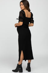 Black Ruched Sleeve Maternity Midi Dress