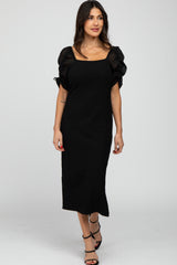 Black Ruched Sleeve Maternity Midi Dress