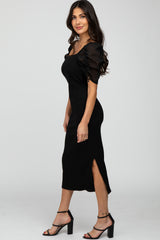 Black Ruched Sleeve Midi Dress