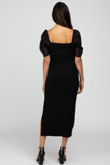 Black Ruched Sleeve Midi Dress