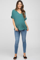 Emerald Green Short Sleeve Maternity Blouse