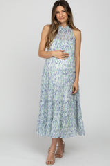 Blue Printed Sleeveless Tiered Maternity Midi Dress