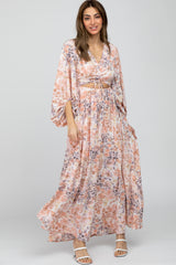 Peach Floral Front Cutout Maxi Dress