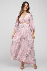 Pink Floral Front Cutout Maternity Maxi Dress