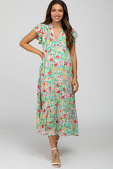 Mint Floral Ruffle Accent Maternity Midi Dress