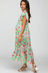 Mint Floral Ruffle Accent Maternity Midi Dress