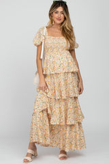 Yellow Floral Square Neck Ruffle Layered Maternity Maxi Dress