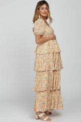 Yellow Floral Square Neck Ruffle Layered Maternity Maxi Dress