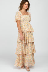 Yellow Floral Square Neck Ruffle Layered Maternity Maxi Dress