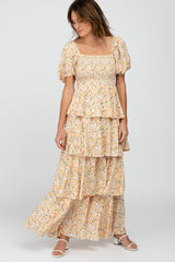 Yellow Floral Square Neck Ruffle Layered Maxi Dress