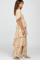 Yellow Floral Square Neck Ruffle Layered Maxi Dress