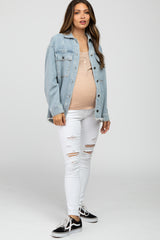 Light Blue Front Pocket Slightly Distressed Maternity Shacket