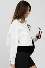 White Raw Hem Cropped Maternity Jean Jacket