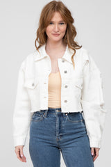 White Raw Hem Cropped Maternity Jean Jacket