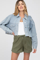 Light Blue Raw Hem Cropped Maternity Jean Jacket