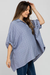 Blue Button Front Collared Oversized Maternity Blouse