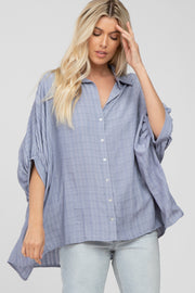 Blue Button Front Collared Oversized Blouse