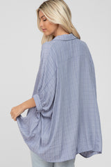 Blue Button Front Collared Oversized Blouse