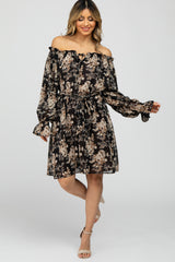 Black Floral Chiffon Off Shoulder Tied Waist Dress