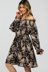 Black Floral Chiffon Off Shoulder Tied Waist Dress