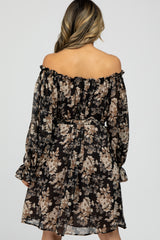 Black Floral Chiffon Off Shoulder Tied Waist Dress