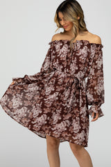 Brown Floral Chiffon Off Shoulder Tied Waist Maternity Dress