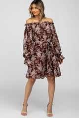 Brown Floral Chiffon Off Shoulder Tied Waist Dress