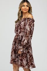 Brown Floral Chiffon Off Shoulder Tied Waist Dress