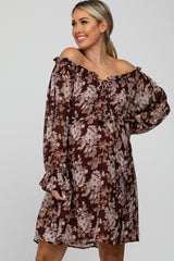 Brown Floral Chiffon Off Shoulder Tied Waist Maternity Dress