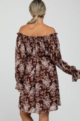 Brown Floral Chiffon Off Shoulder Tied Waist Maternity Dress