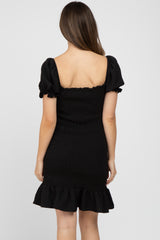 Black Smocked Puff Sleeve Maternity Dress