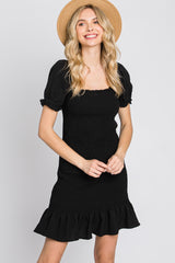 Black Smocked Puff Sleeve Maternity Dress