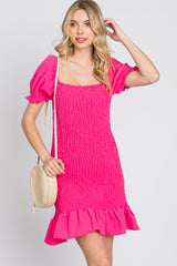 Fuchsia Smocked Puff Sleeve Maternity Dress