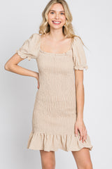 Beige Smocked Puff Sleeve Dress