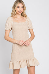 Beige Smocked Puff Sleeve Dress