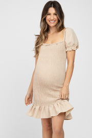 Beige Smocked Puff Sleeve Maternity Dress