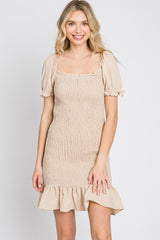 Beige Smocked Puff Sleeve Dress