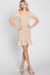 Beige Smocked Puff Sleeve Dress