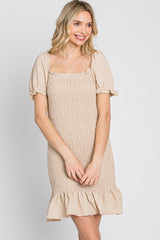 Beige Smocked Puff Sleeve Dress