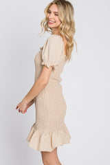 Beige Smocked Puff Sleeve Dress