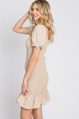 Beige Smocked Puff Sleeve Dress