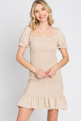 Beige Smocked Puff Sleeve Dress