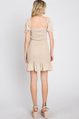 Beige Smocked Puff Sleeve Dress