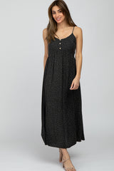 Charcoal Polka Dot Button Front Side Slit Maternity Midi Dress