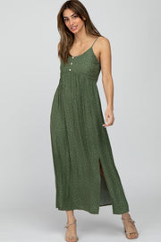 Olive Polka Dot Button Front Side Slit Midi Dress